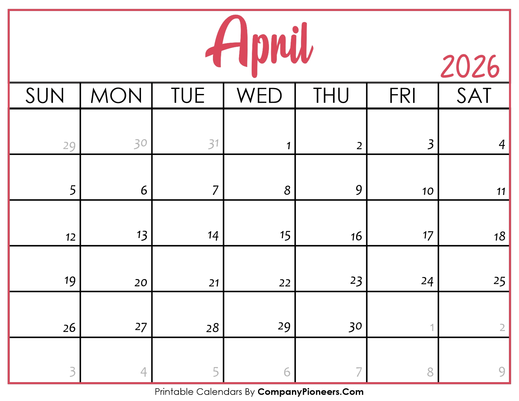 April 2026 Calendar Printable Pink Header