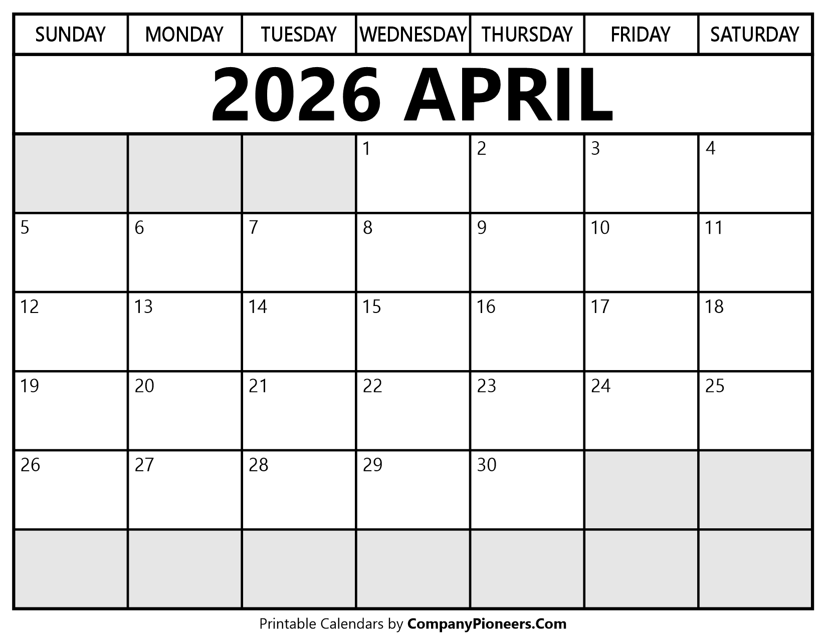 April 2026 Calendar Segoe UI Font