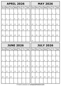 April May June July 2026 Calendar