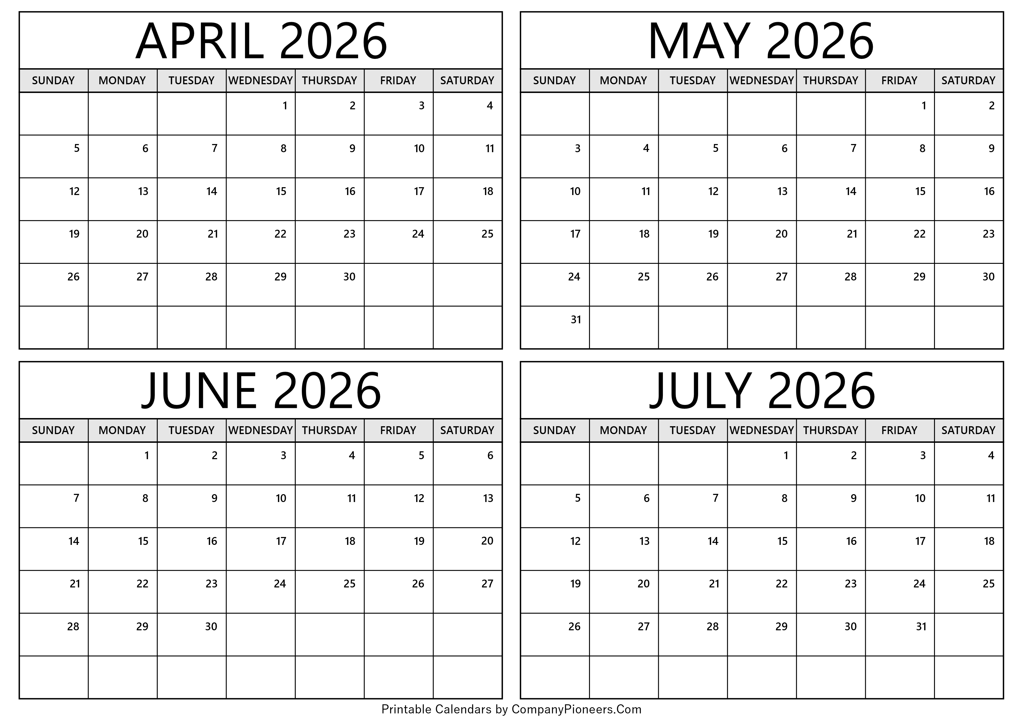April to July 2026 Calendar