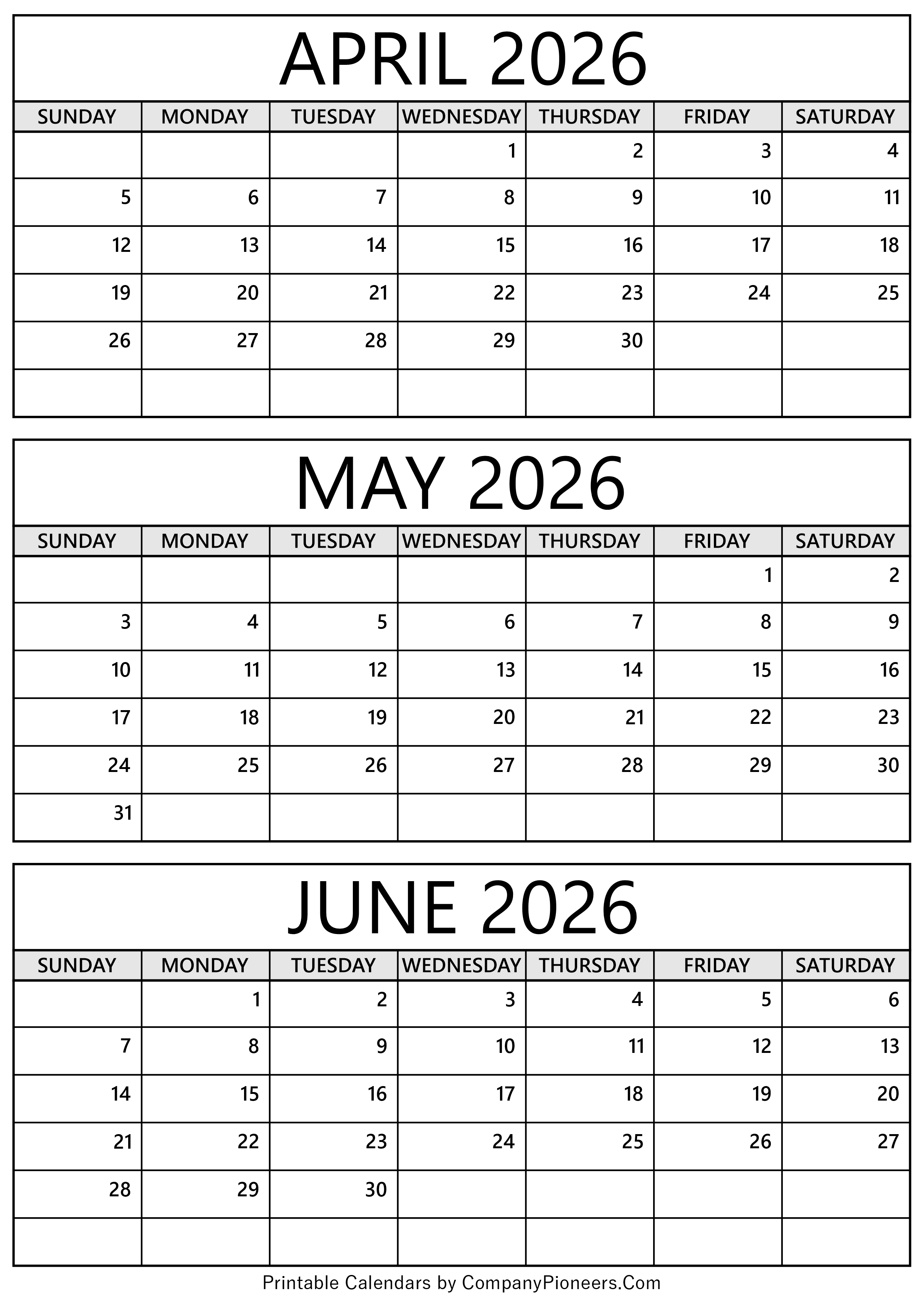 April to June 2026 Calendar