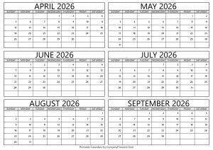 April to September 2026 Calendar
