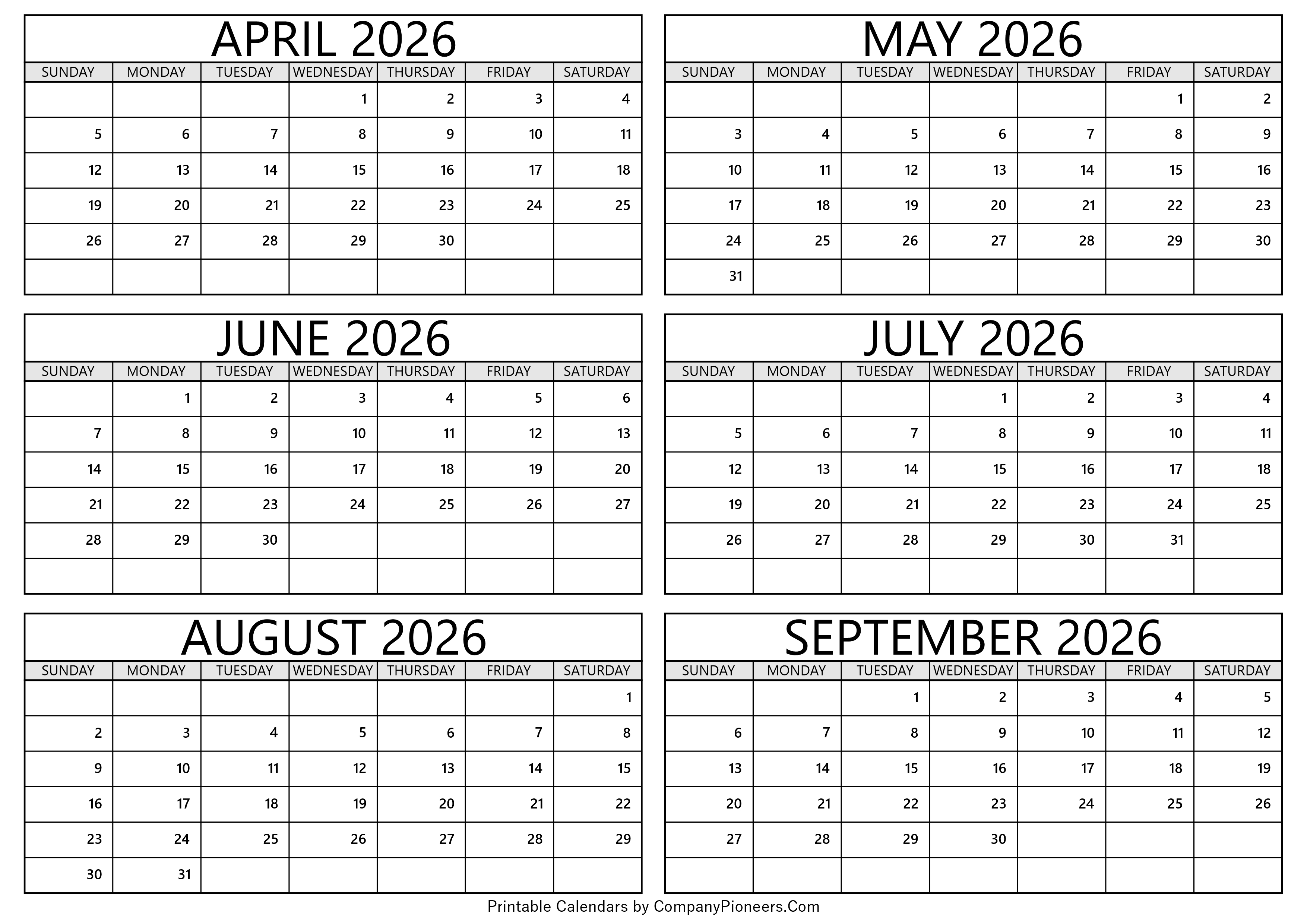 April to September 2026 Calendar