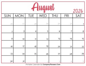 August 2026 Calendar Printable Pink Header