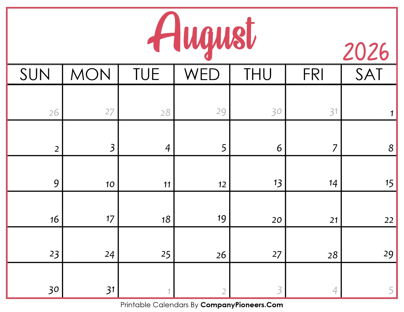 August 2026 Calendar Printable Pink Header