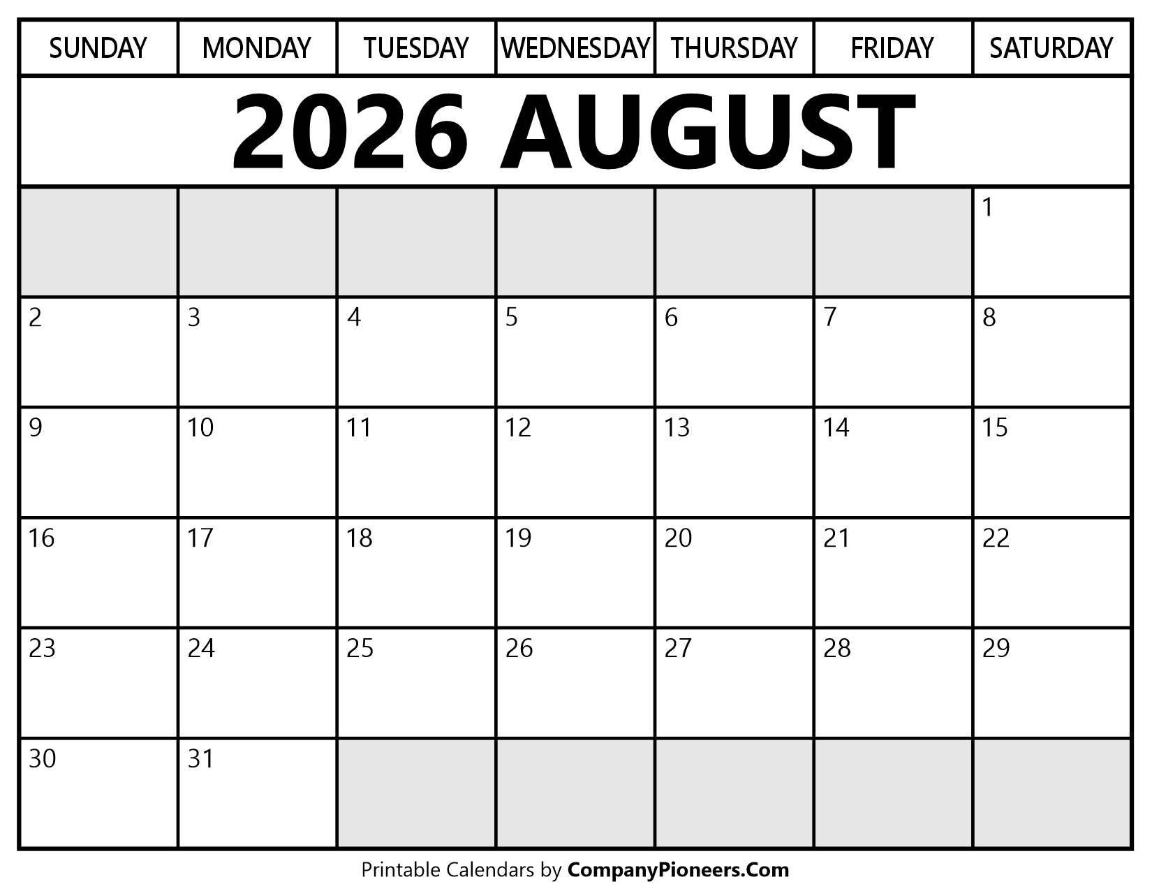 August 2026 Calendar Segoe UI Font