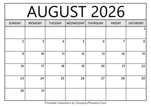 August 2026 Calendar Template Blank