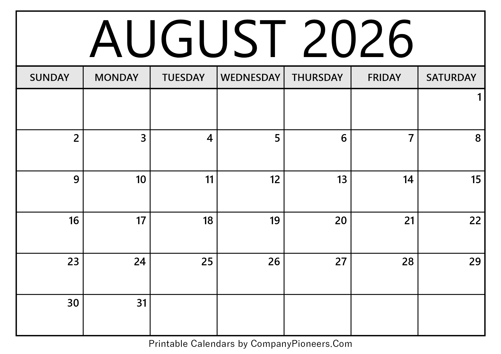 August 2026 Calendar Template Blank