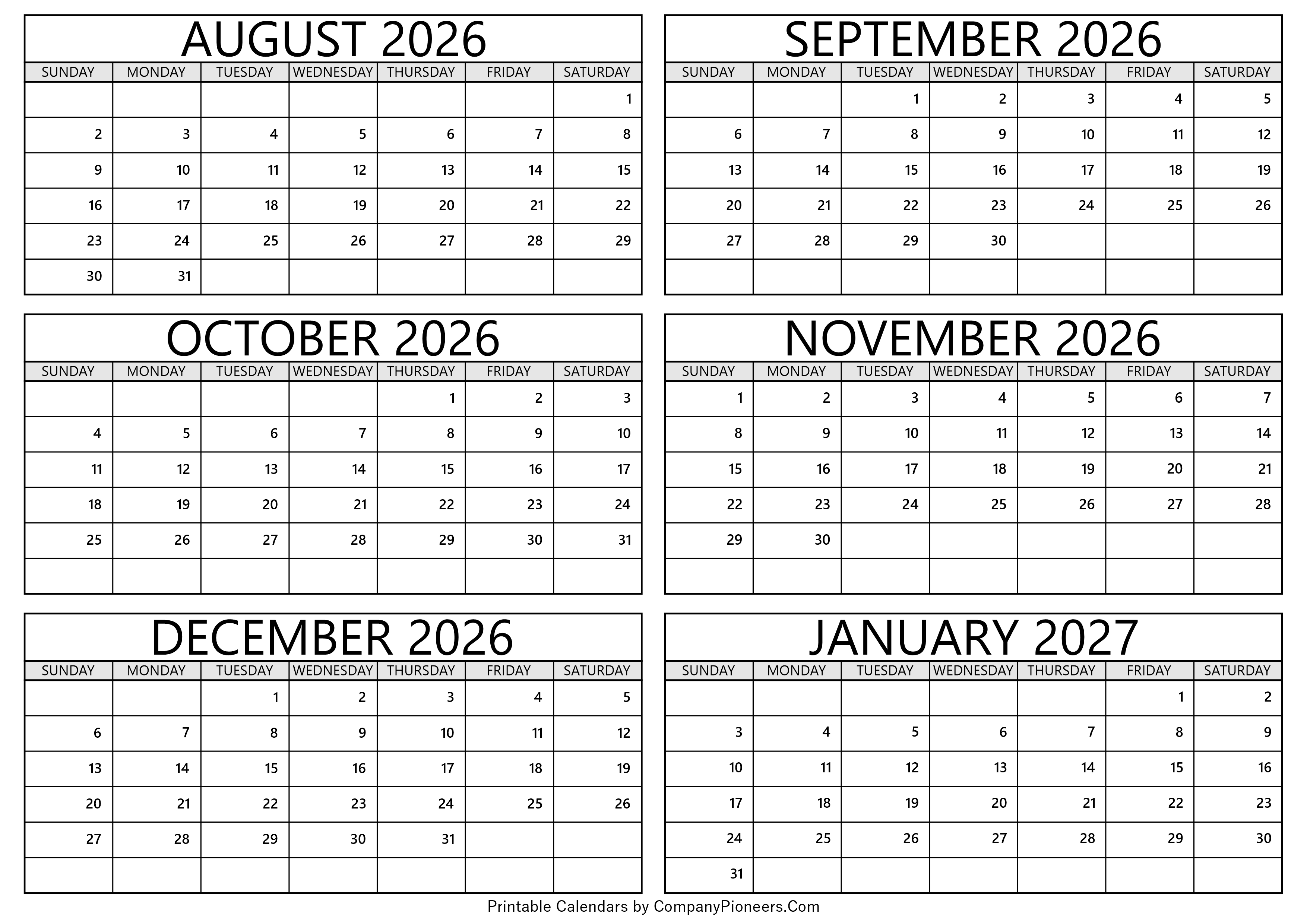 August 2026 to January 2027 Calendar