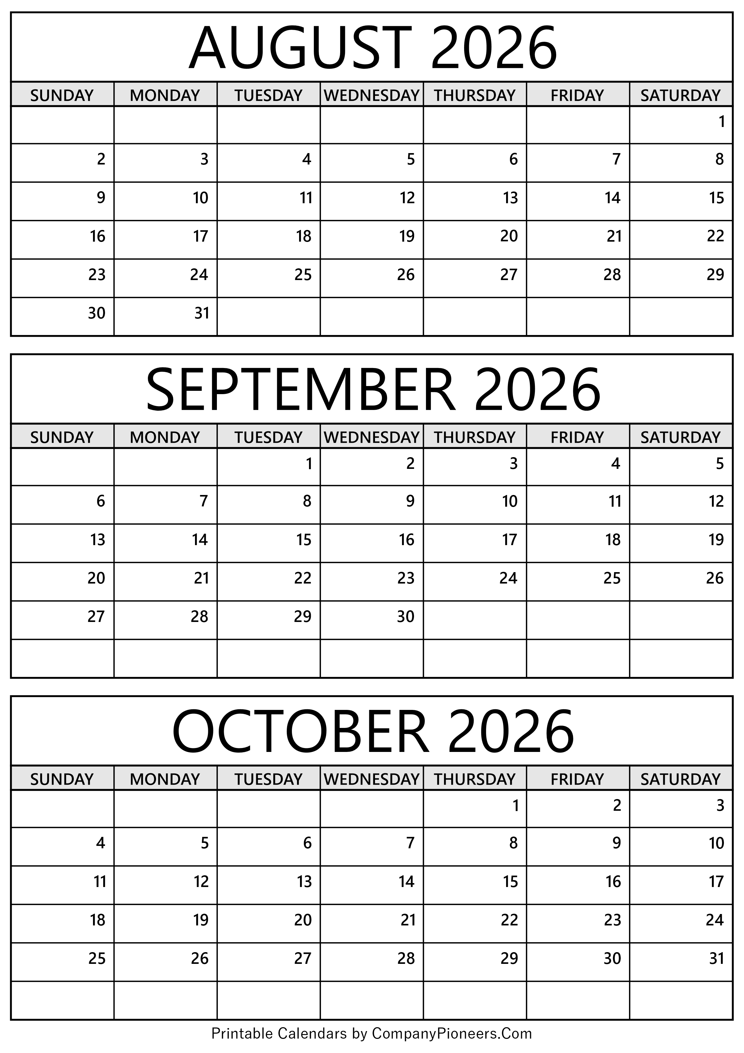 August September October 2026 Calendar