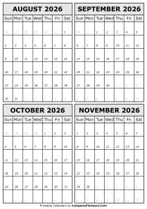August September October November 2026 Calendar