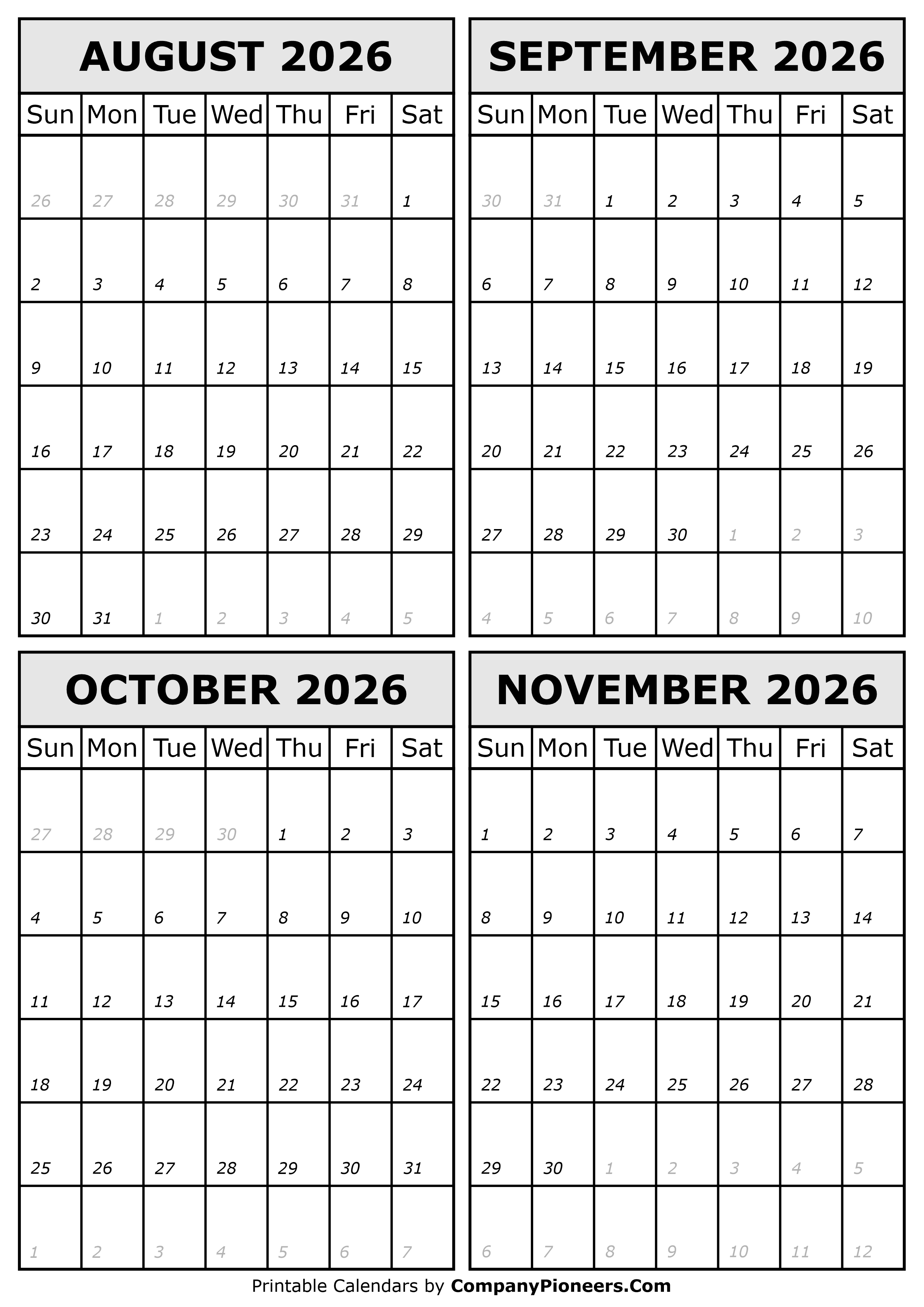 August September October November 2026 Calendar