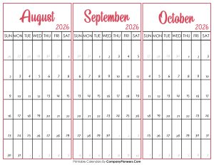 August September and October Calendar 2026
