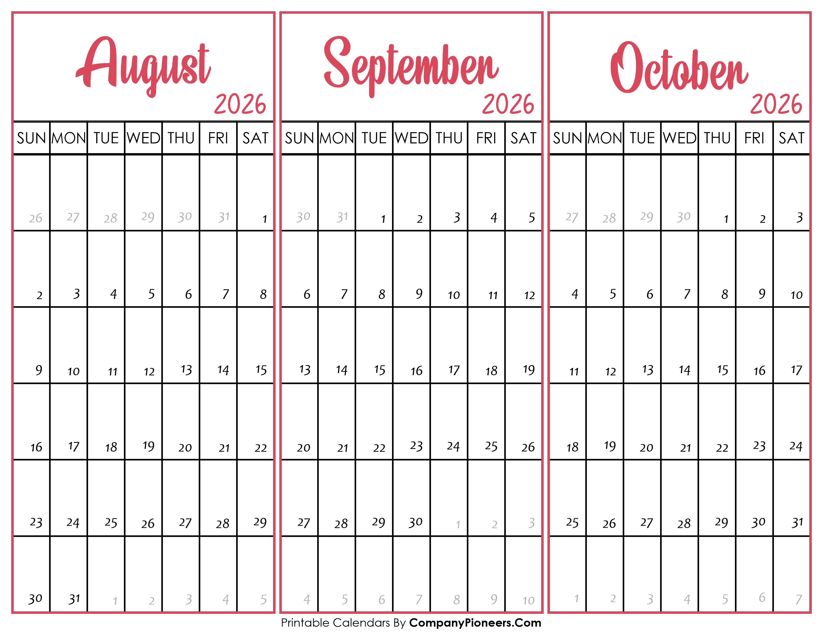 August September and October Calendar 2026