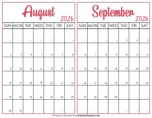 August and September Calendar 2026