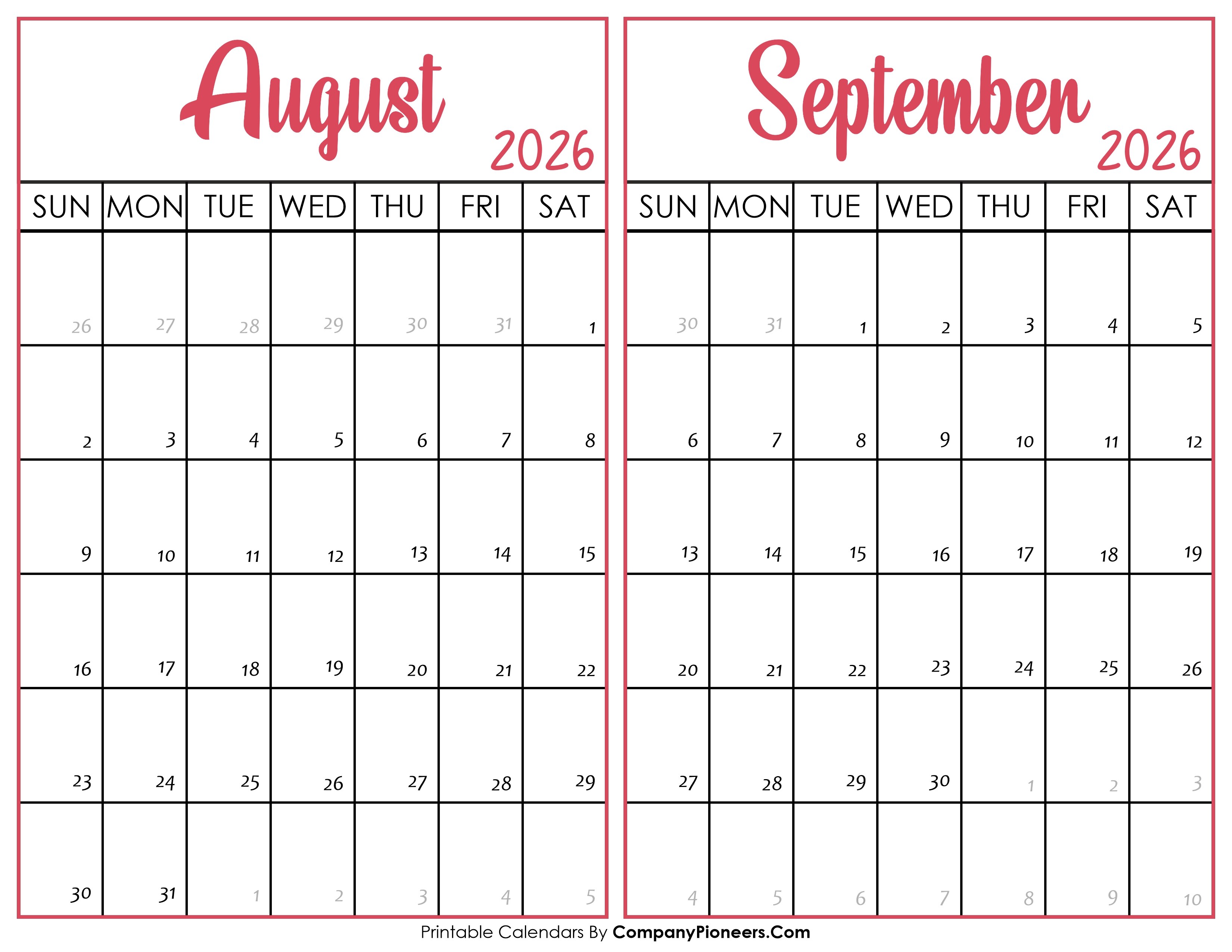 August and September Calendar 2026