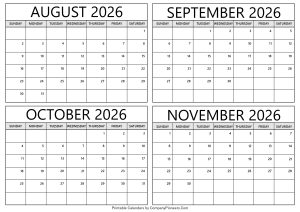 August to November 2026 Calendar