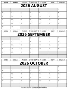 August to October 2026 Calendar