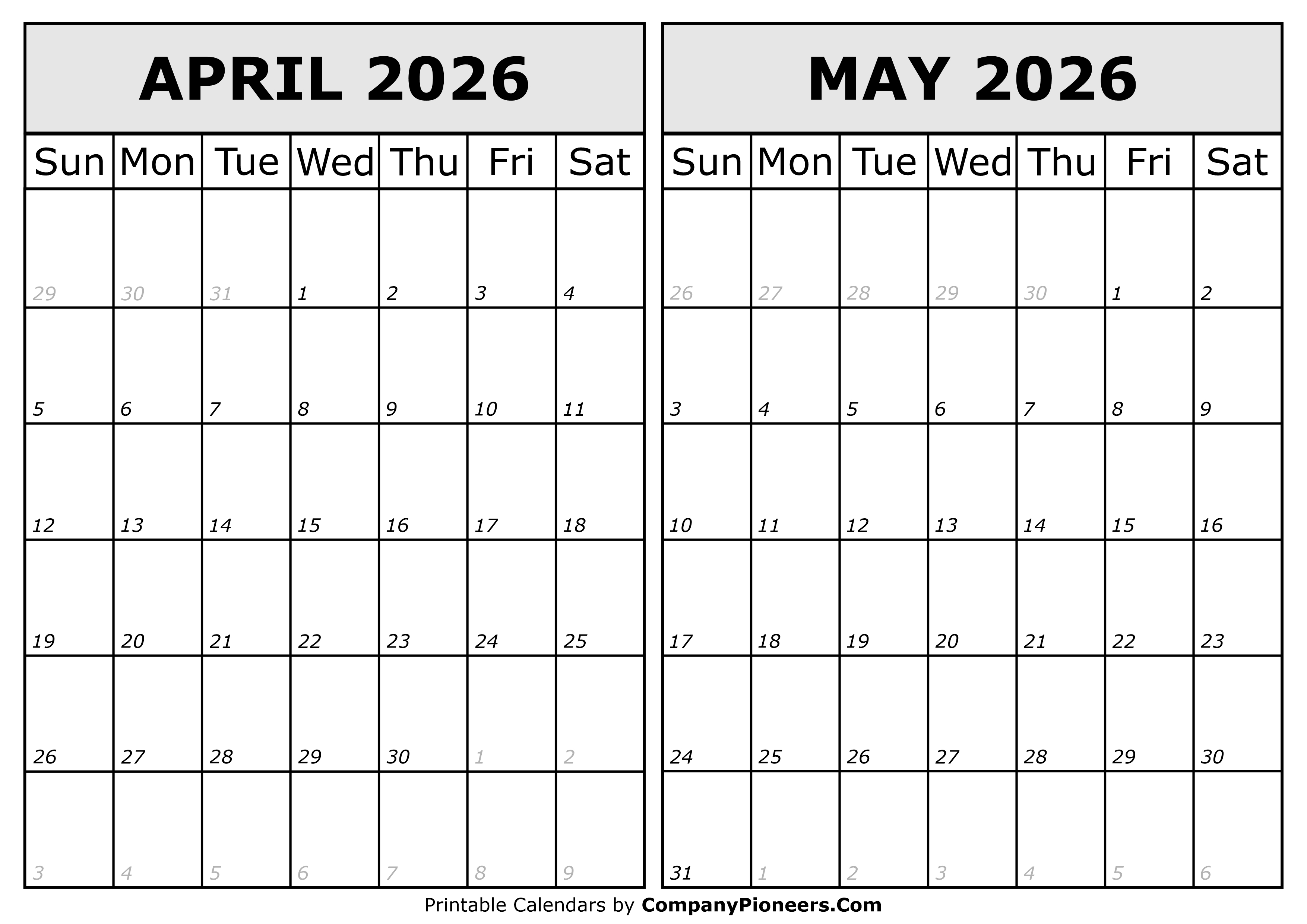 Calendar 2026 April May