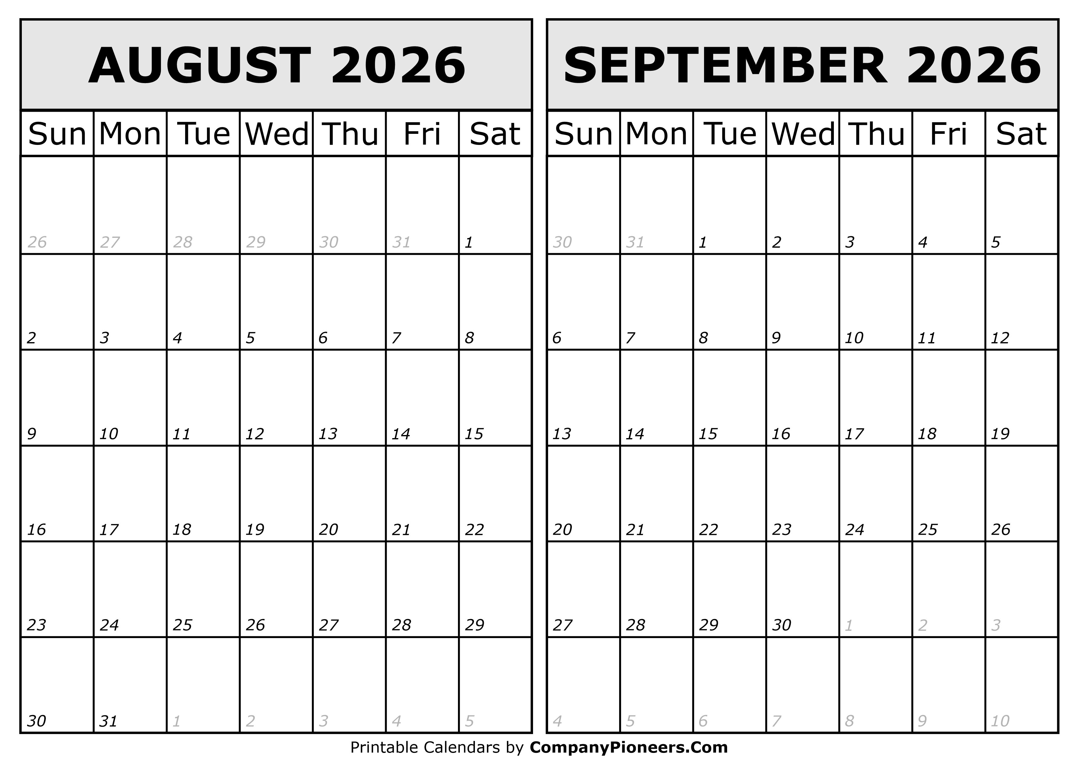 Calendar 2026 August September