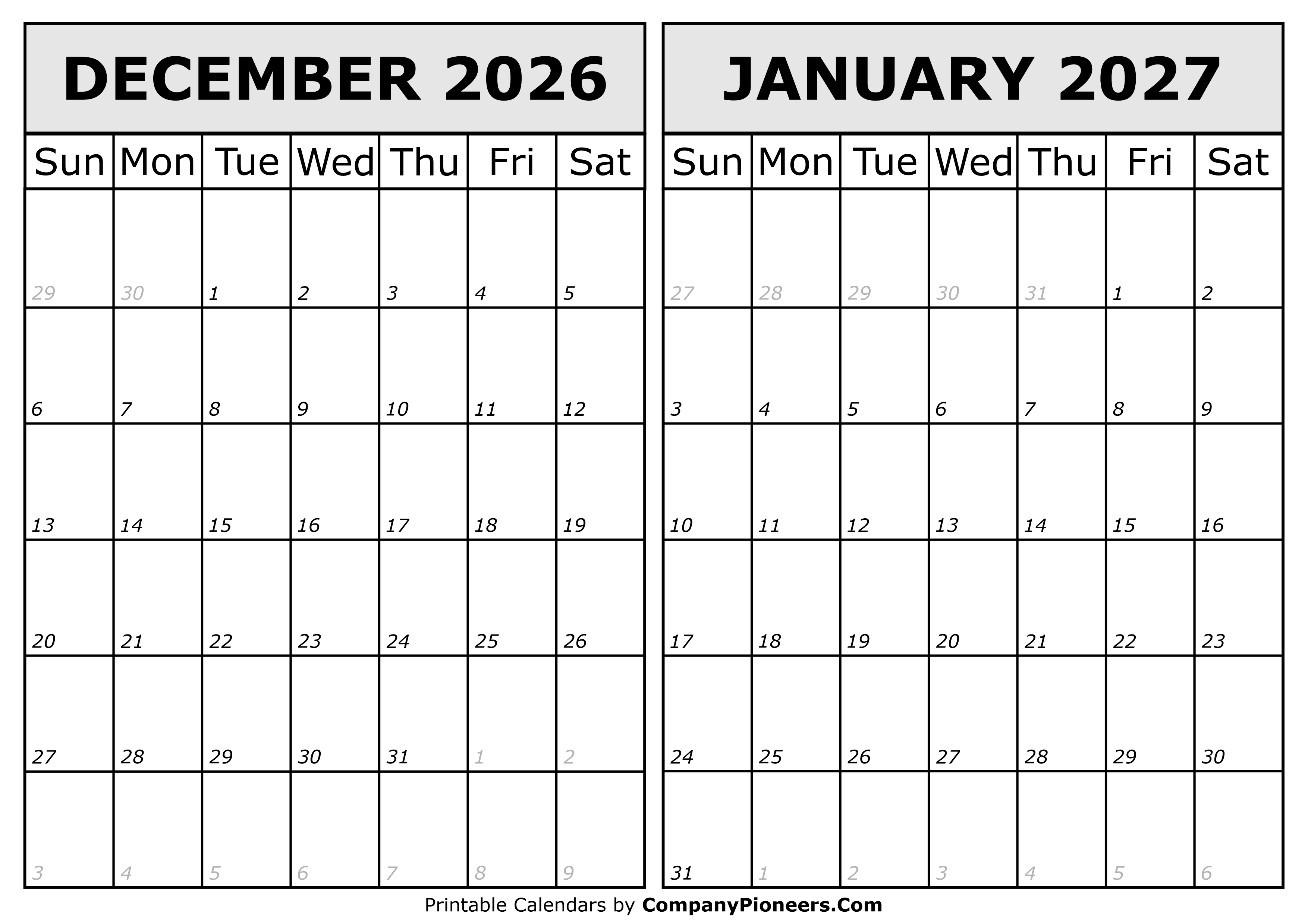 Calendar 2026 December 2027 January