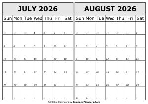 Calendar 2026 July August