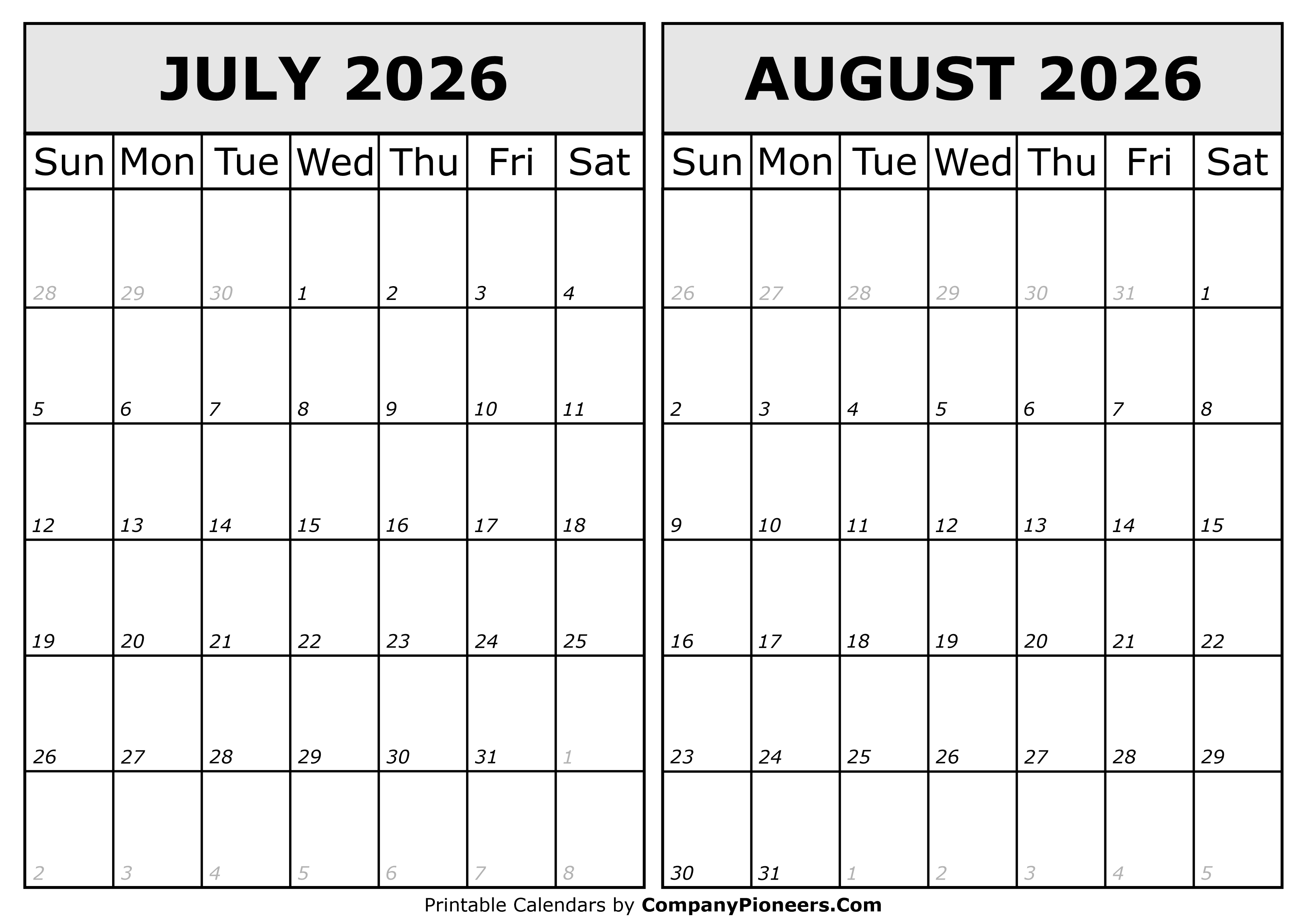 Calendar 2026 July August