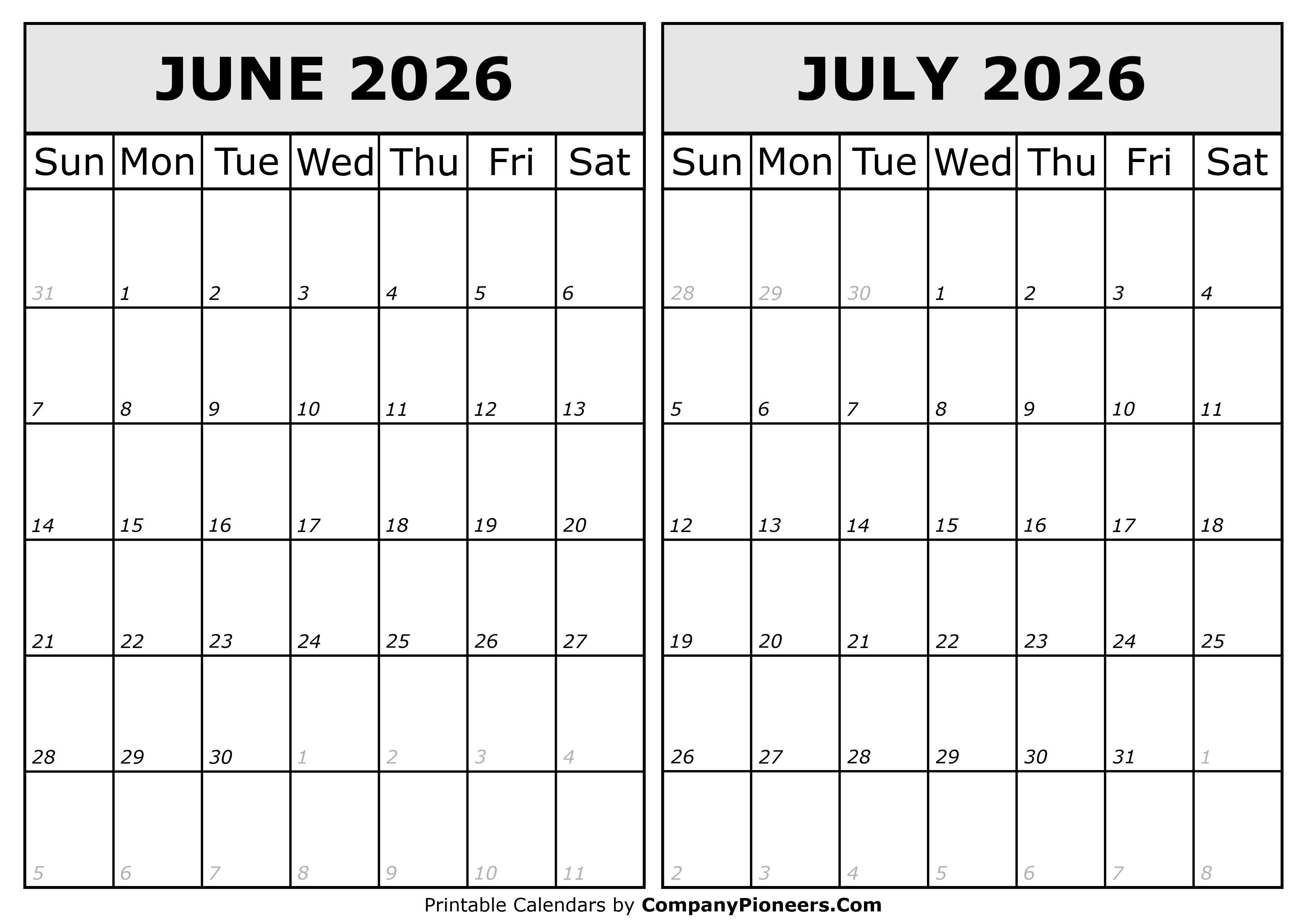 Calendar 2026 June July