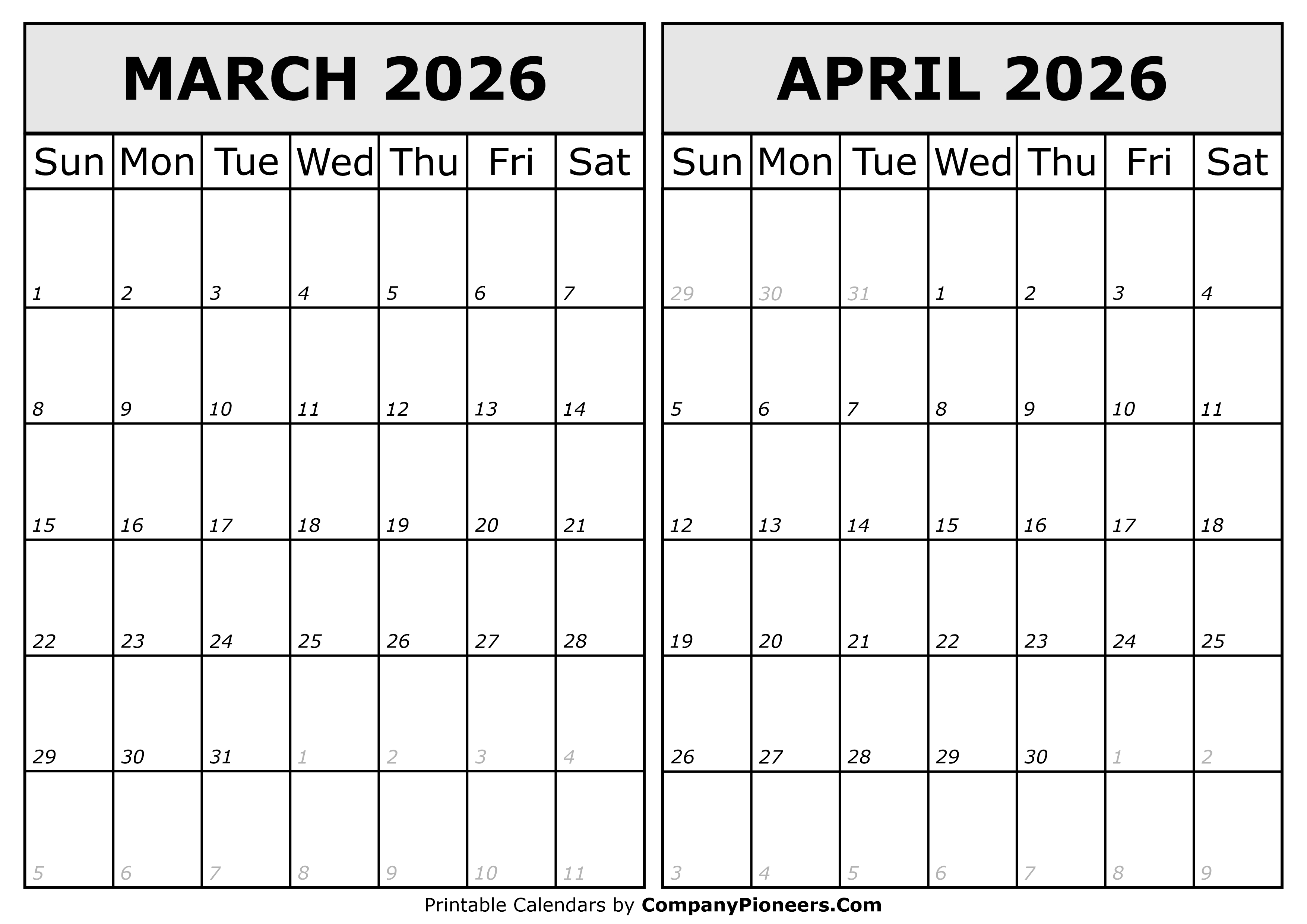 Calendar 2026 March April