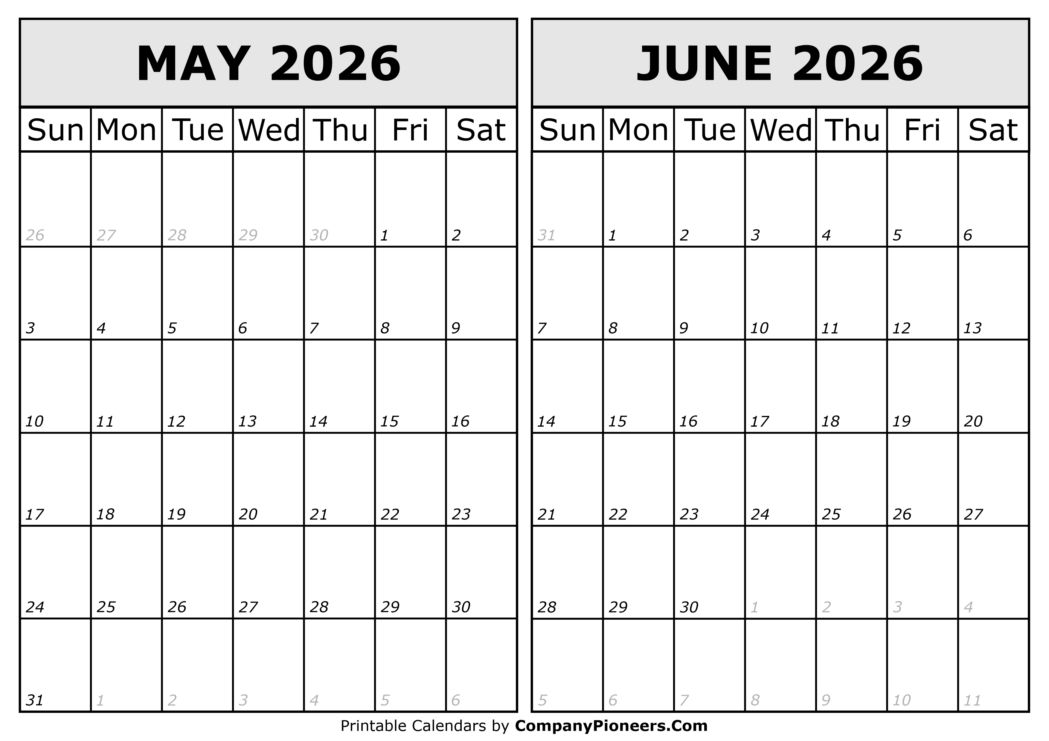 Calendar 2026 May June