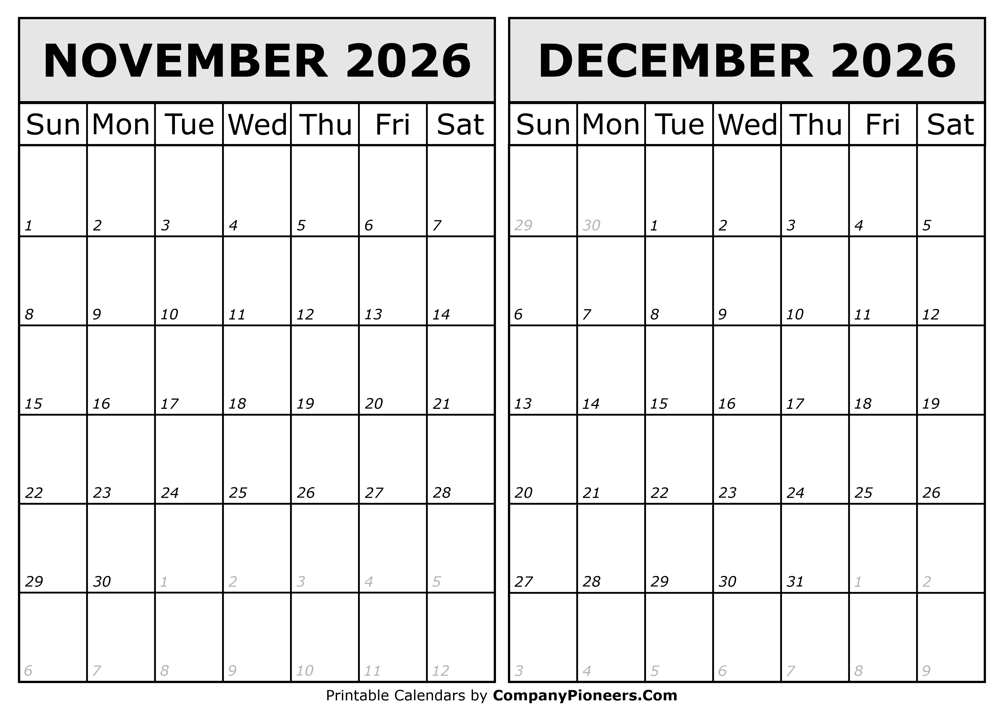 Calendar 2026 November December