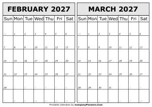 Calendar 2027 February March