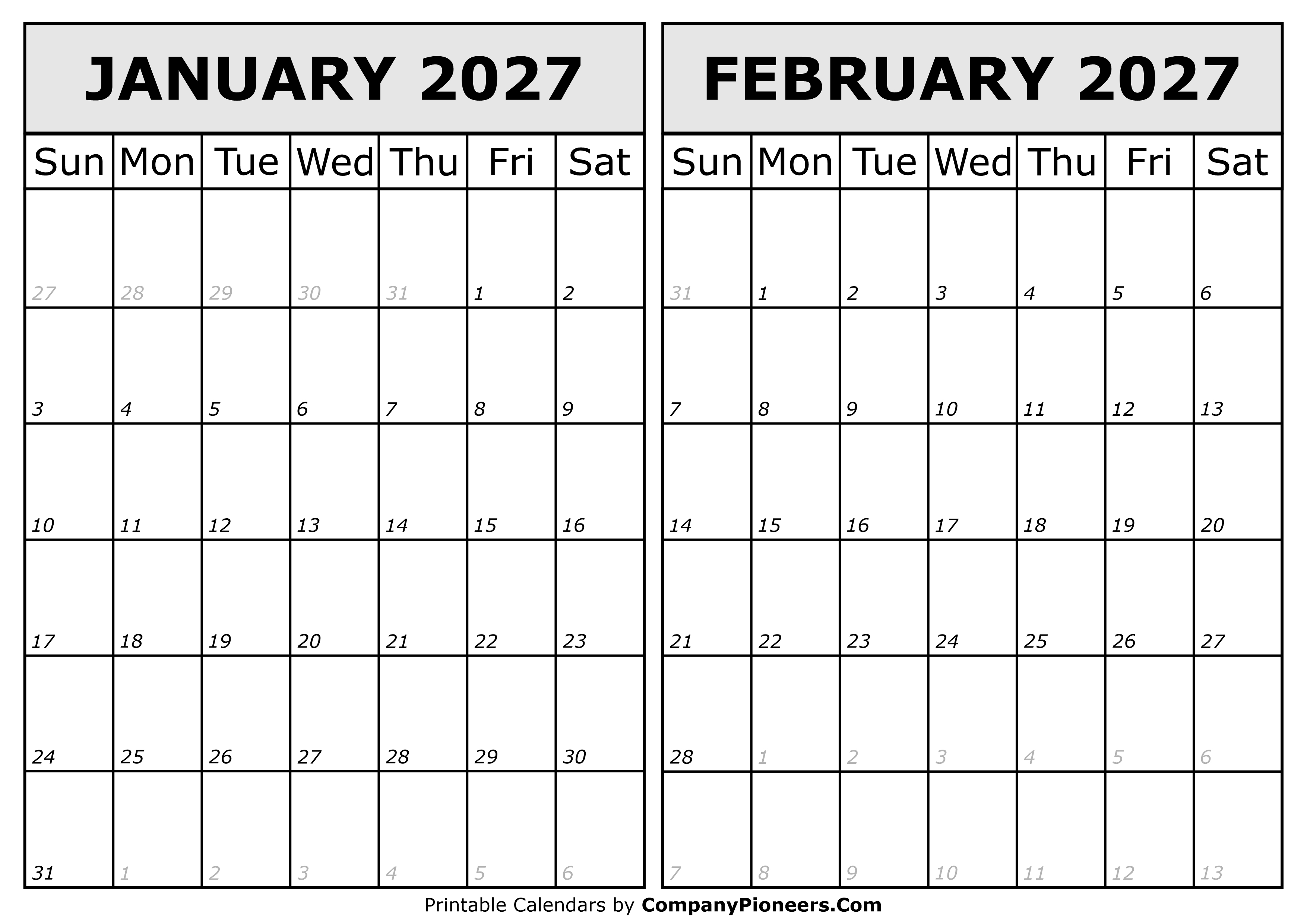 Calendar 2027 January February