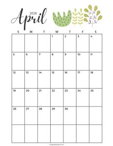 Calendar April 2026 Cute Cactus Leaves