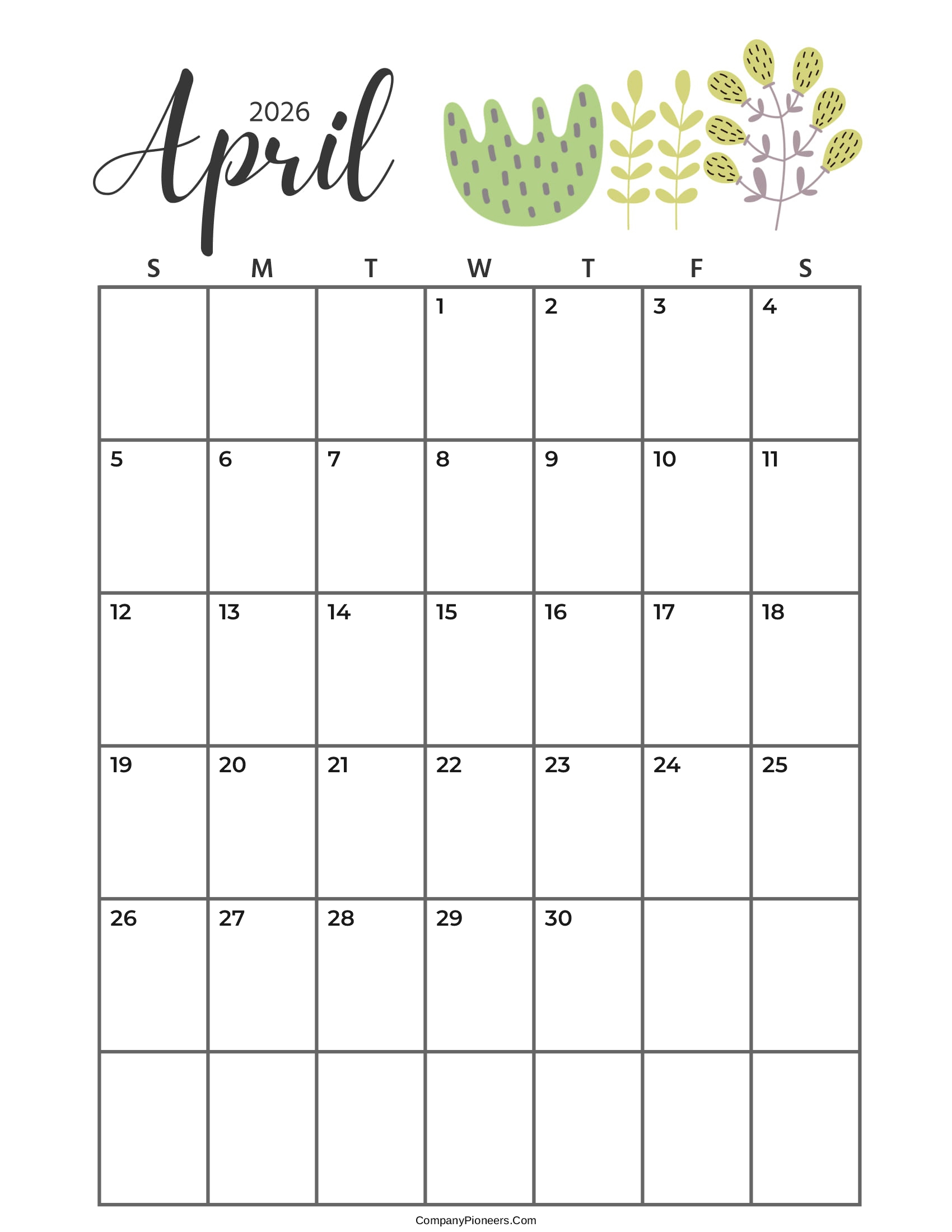 Calendar April 2026 Cute Cactus Leaves