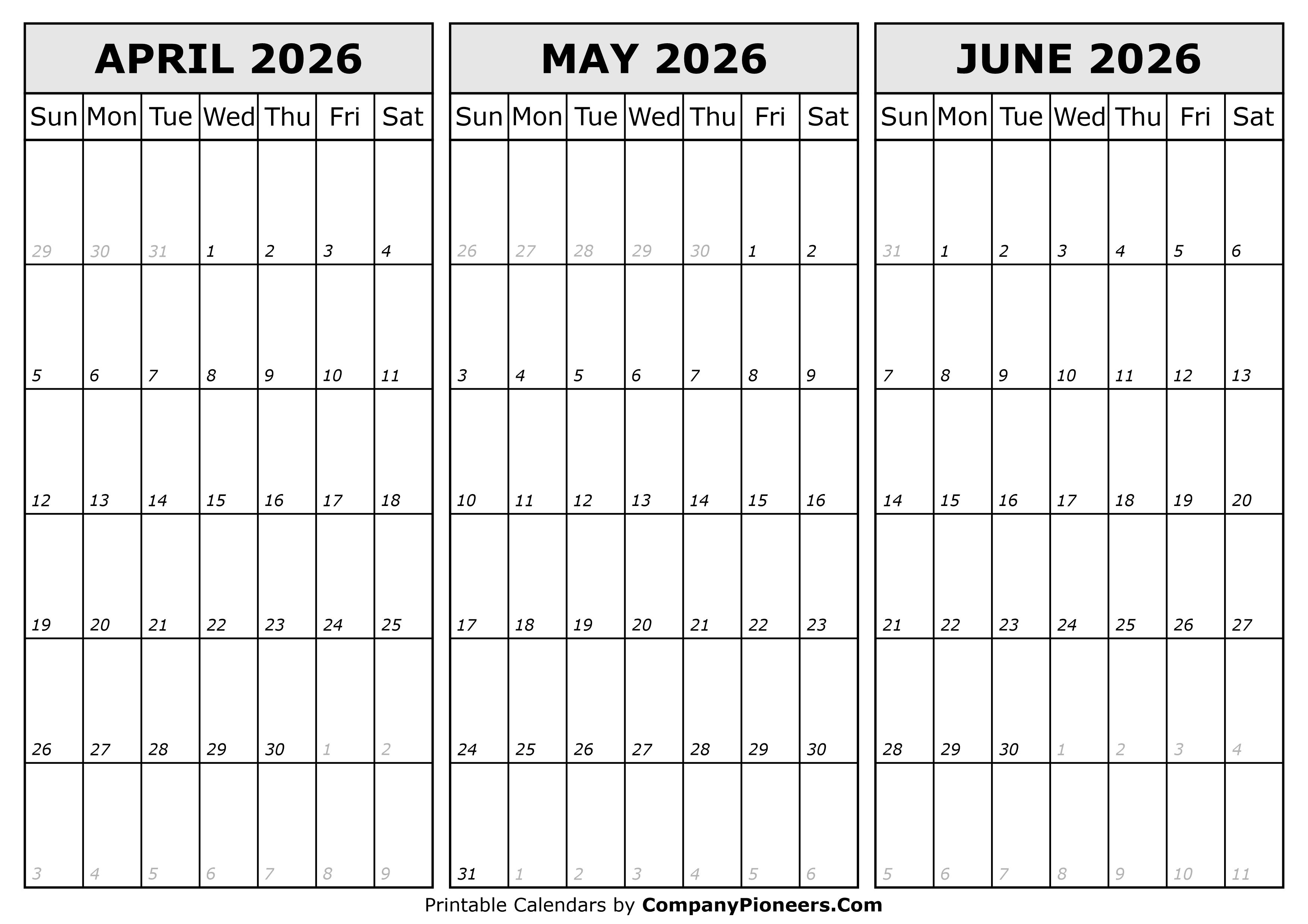 Calendar April to June 2026