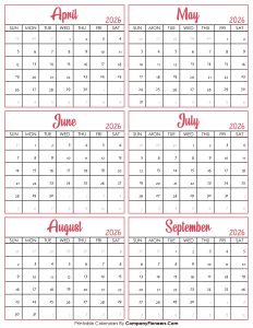 Calendar April to September 2026