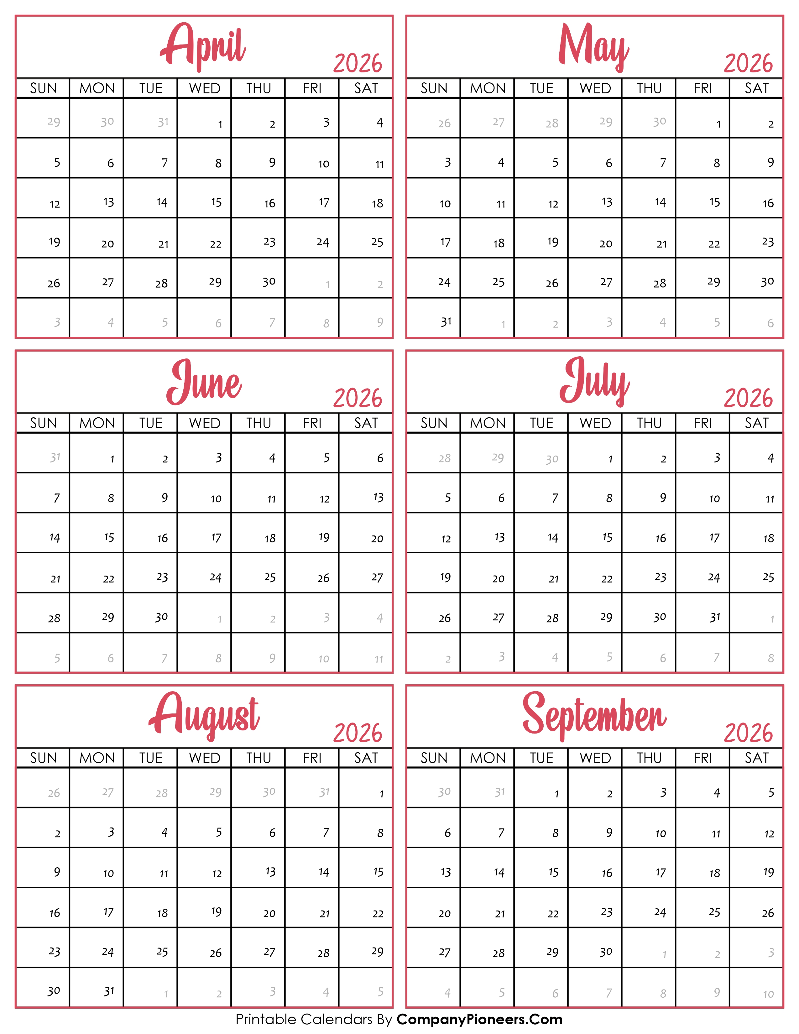 Calendar April to September 2026