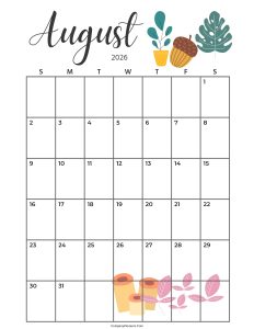 Calendar August 2026 Cute Cactus Leaves