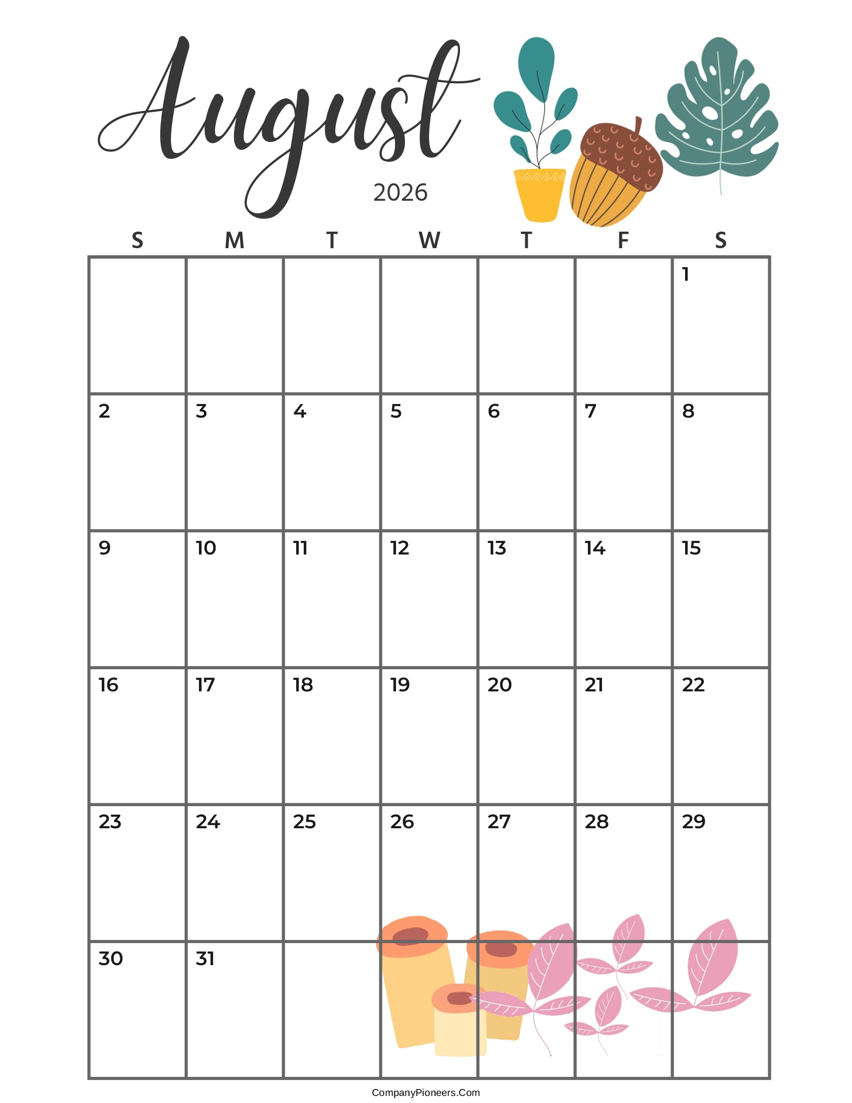 Calendar August 2026 Cute Cactus Leaves