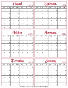 Calendar August 2026 to January 2027