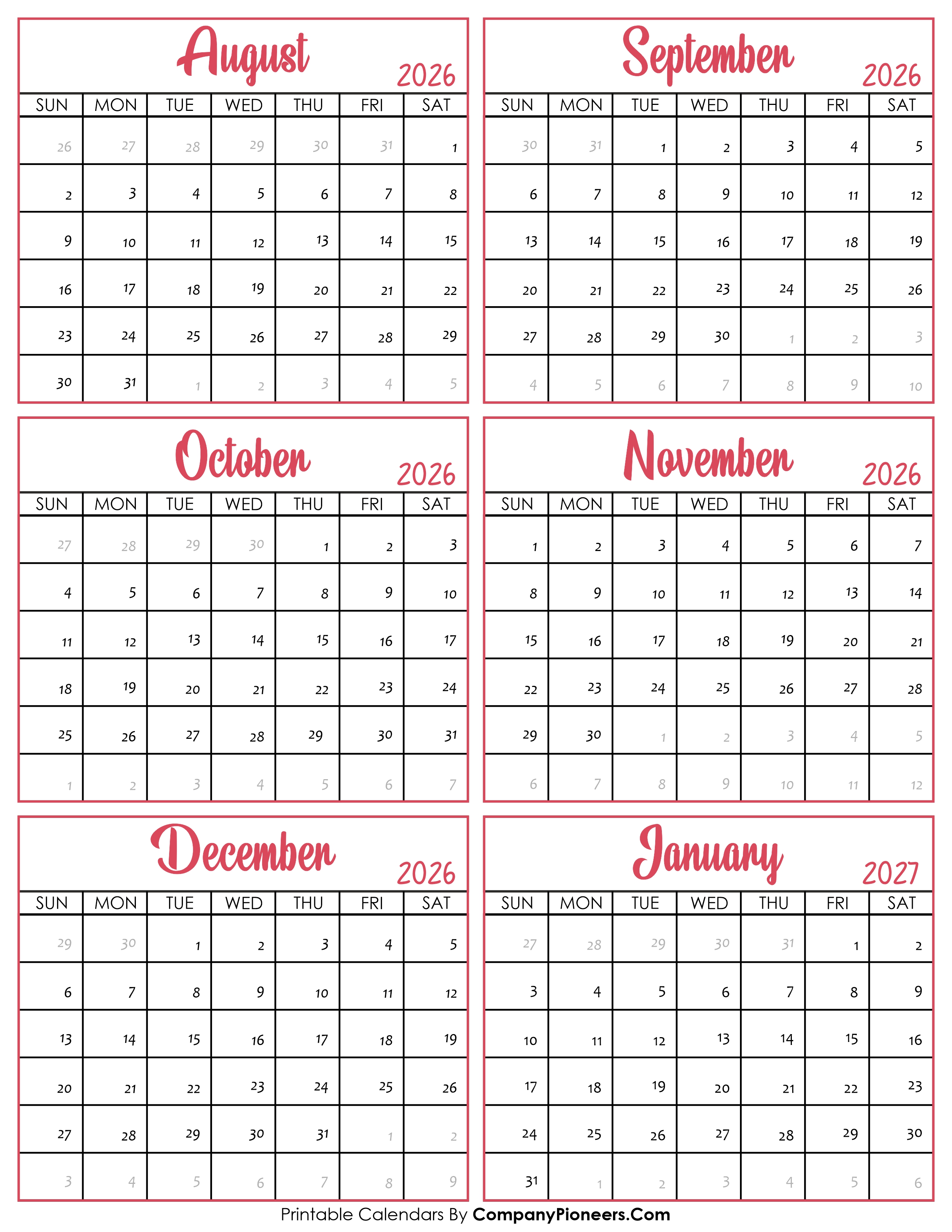 Calendar August 2026 to January 2027