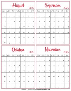 Calendar August to November 2026