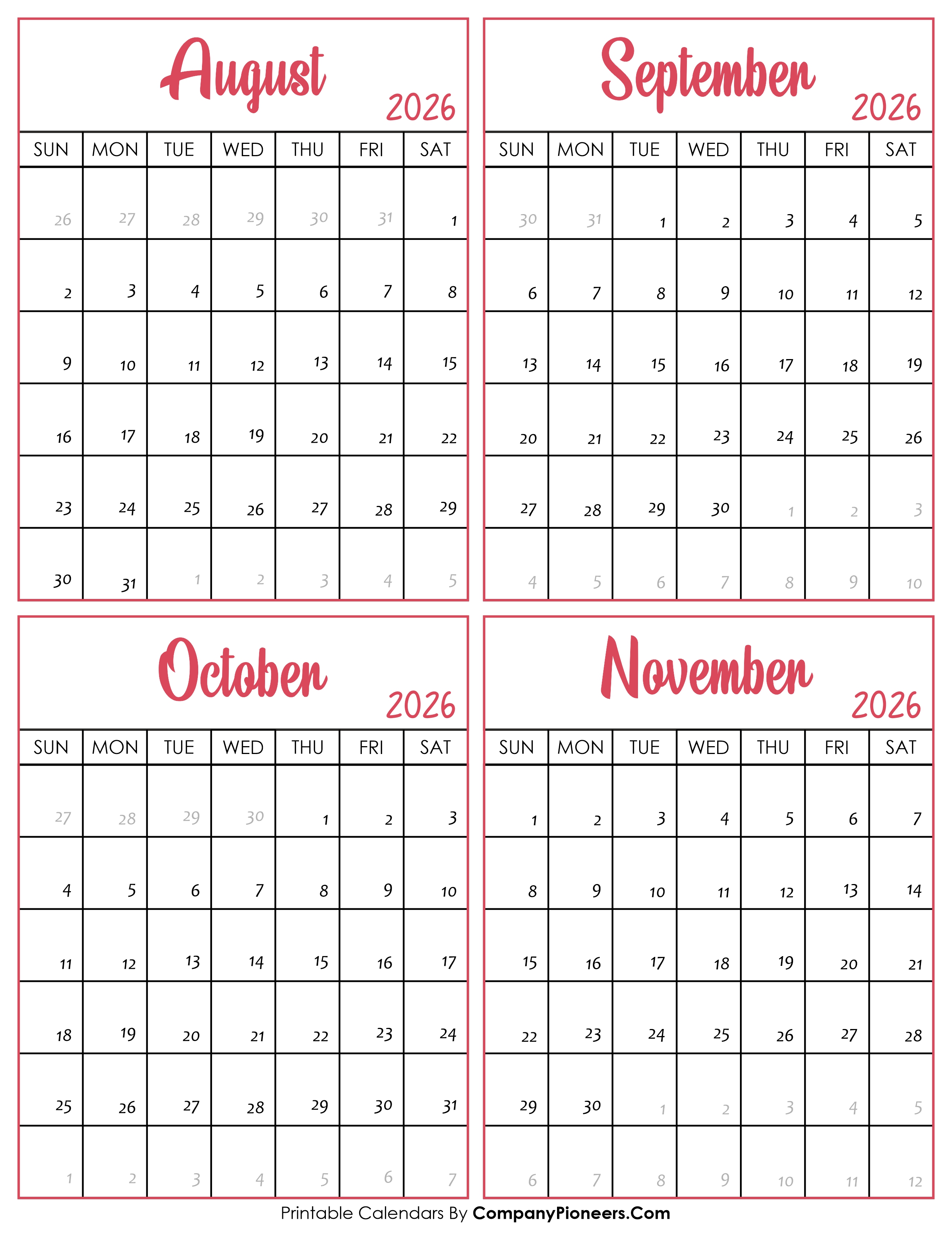 Calendar August to November 2026