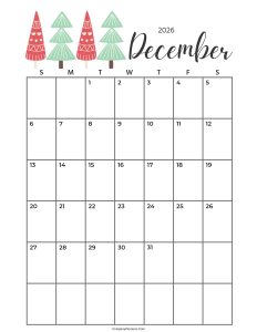 Calendar December 2026 Cute Cactus Leaves