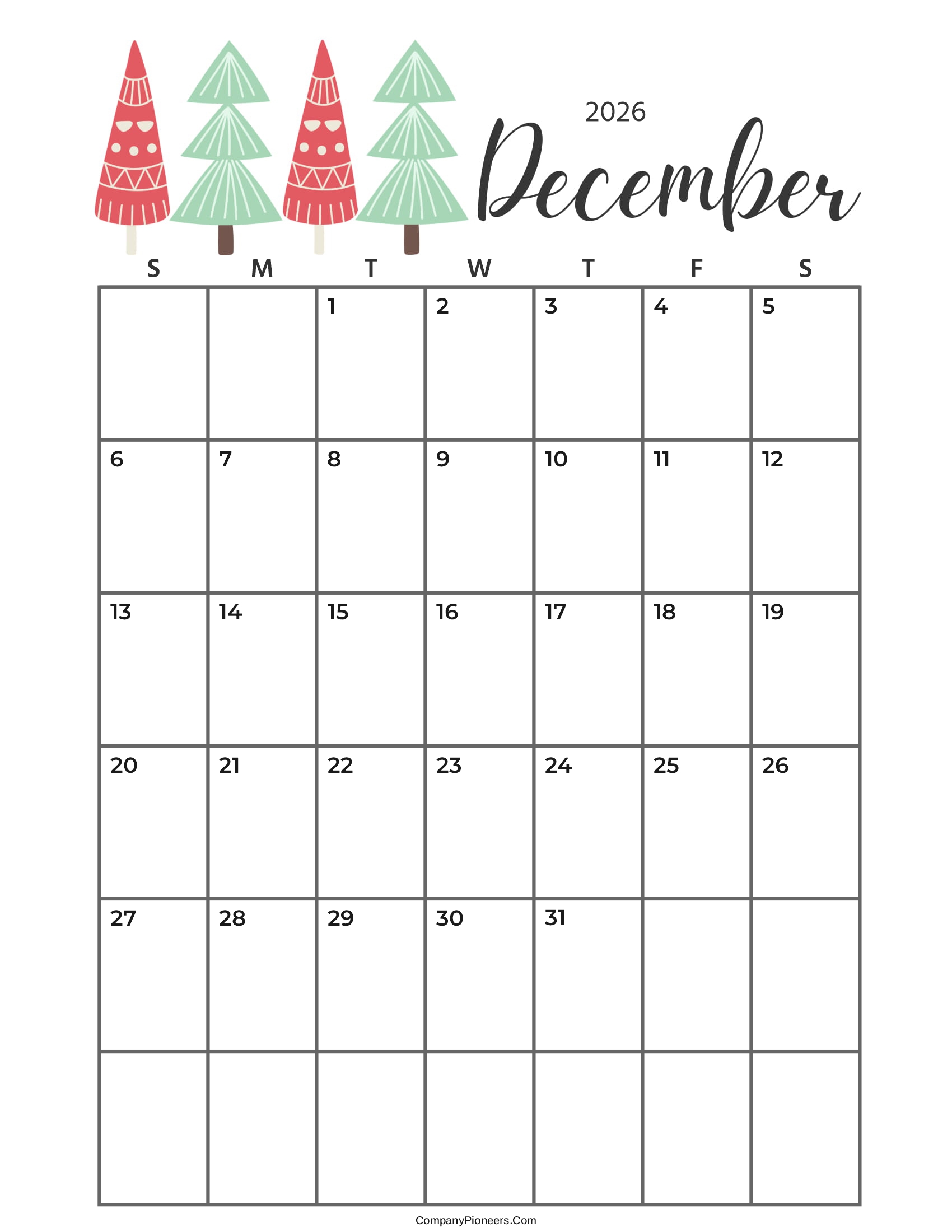 Calendar December 2026 Cute Cactus Leaves