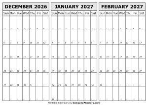Calendar December 2026 to February 2027