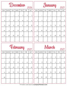 Calendar December 2026 to March 2027