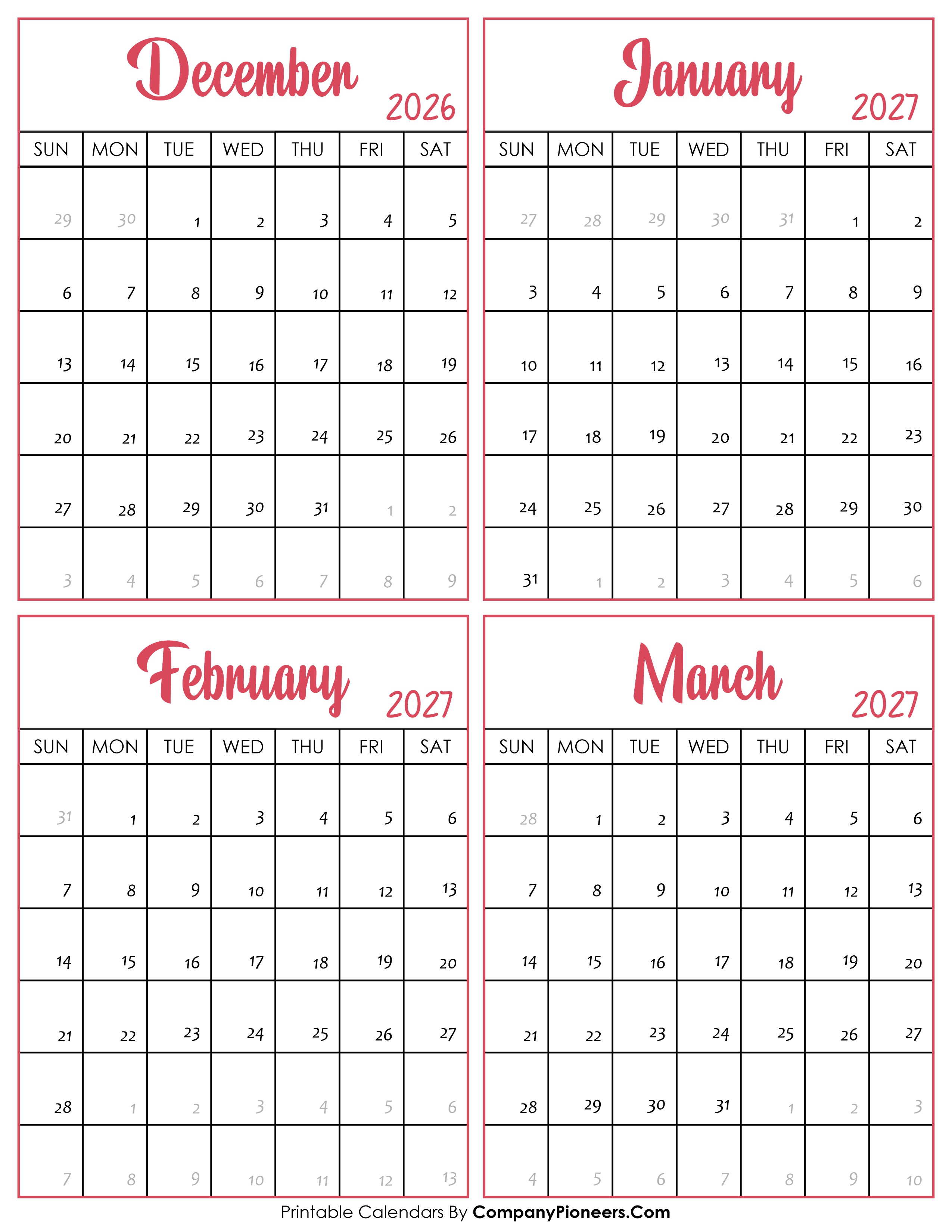 Calendar December 2026 to March 2027
