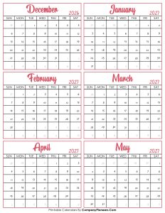 Calendar December 2026 to May 2027